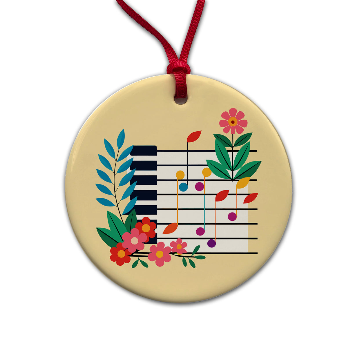 Piano Music Floral Motif Round Ceramic Holiday Christmas Tree Ornament