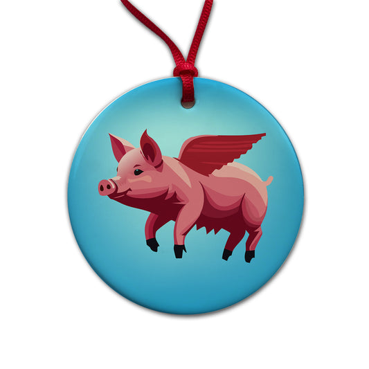 Pig Flying Funny Round Ceramic Holiday Christmas Tree Ornament