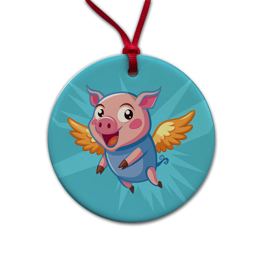 Pig Flying Silly Funny Round Ceramic Holiday Christmas Tree Ornament