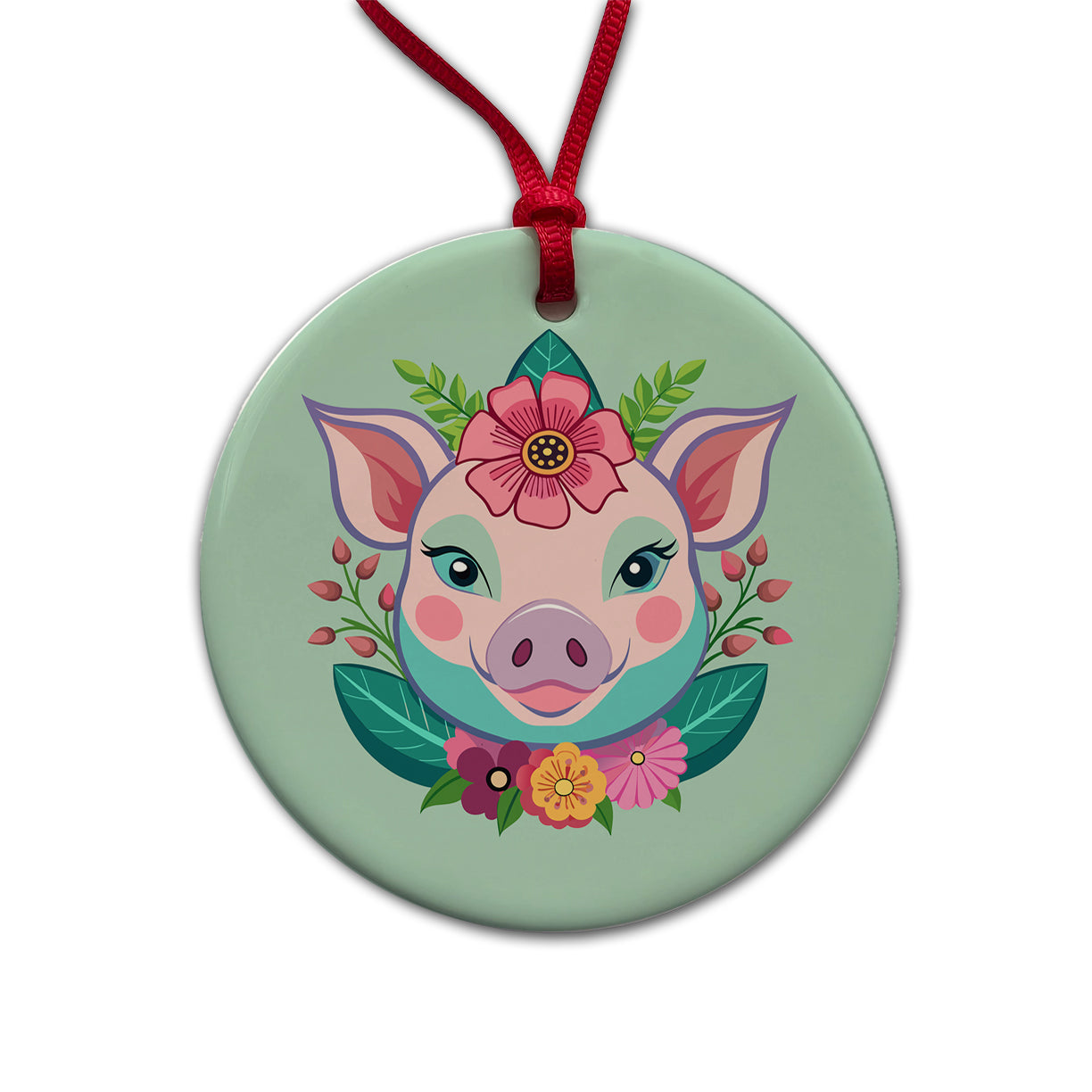 Pig Head Floral Flowers Round Ceramic Holiday Christmas Tree Ornament