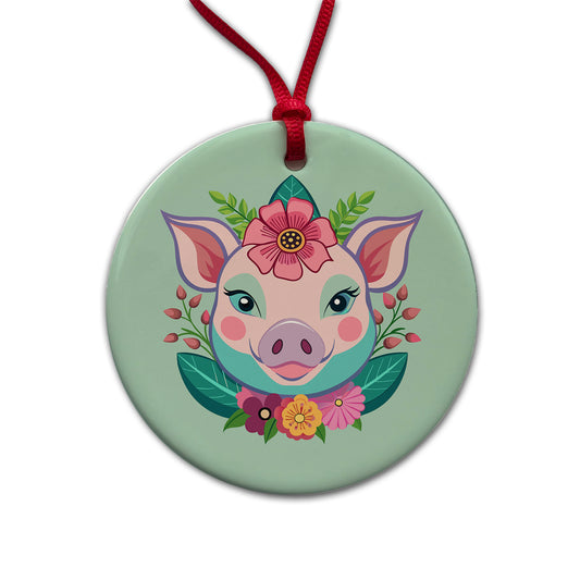 Pig Head Floral Flowers Round Ceramic Holiday Christmas Tree Ornament
