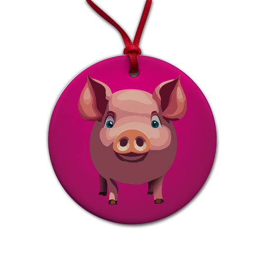 Pig Pink Sweet Round Ceramic Holiday Christmas Tree Ornament