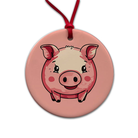 Pig Smiling Standing Round Ceramic Holiday Christmas Tree Ornament