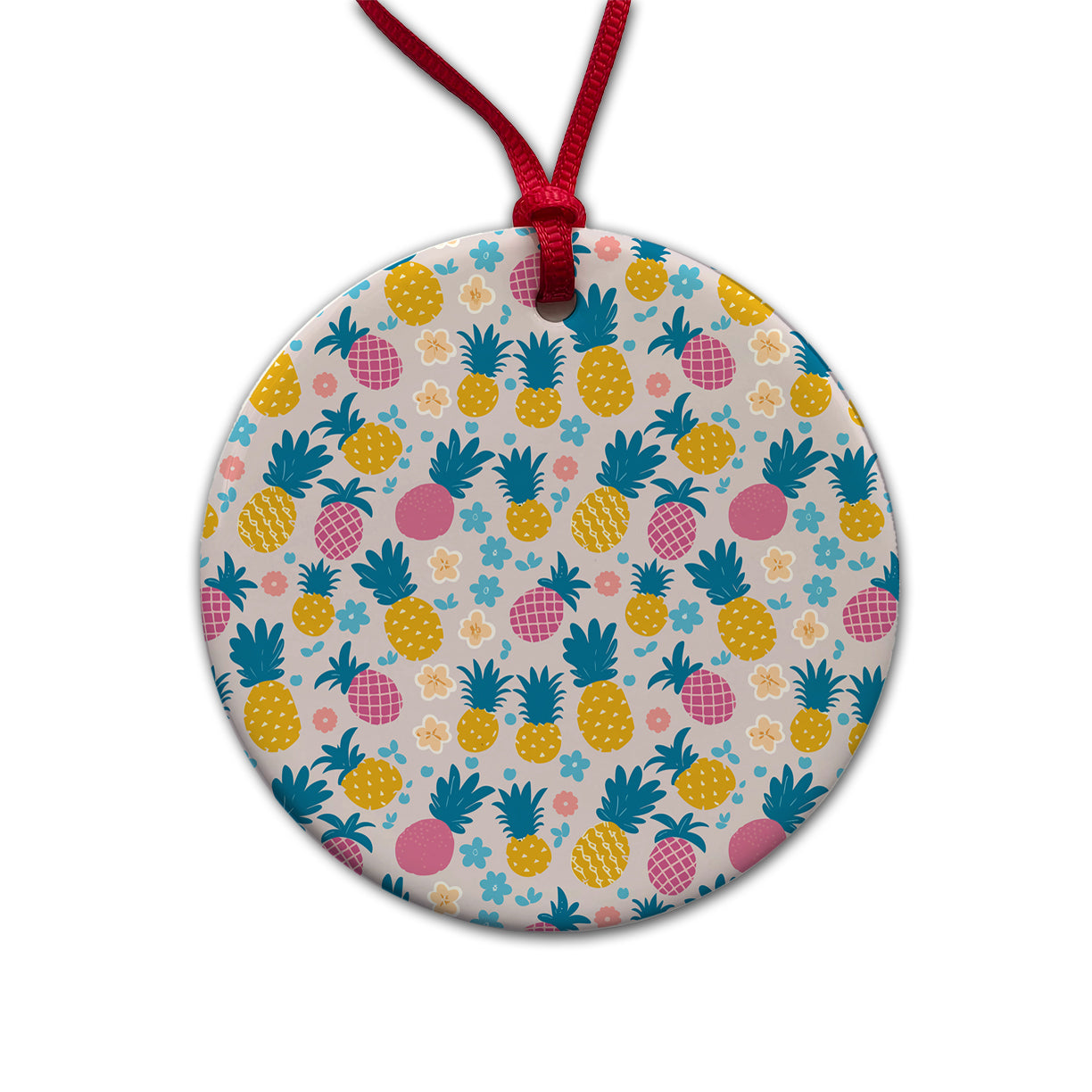 Pineapples Tropical Flowers Pattern Round Ceramic Holiday Christmas Tree Ornament