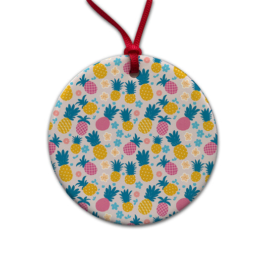 Pineapples Tropical Flowers Pattern Round Ceramic Holiday Christmas Tree Ornament