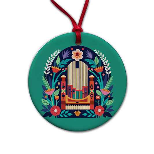 Pipe Organ Music Floral Motif Round Ceramic Holiday Christmas Tree Ornament
