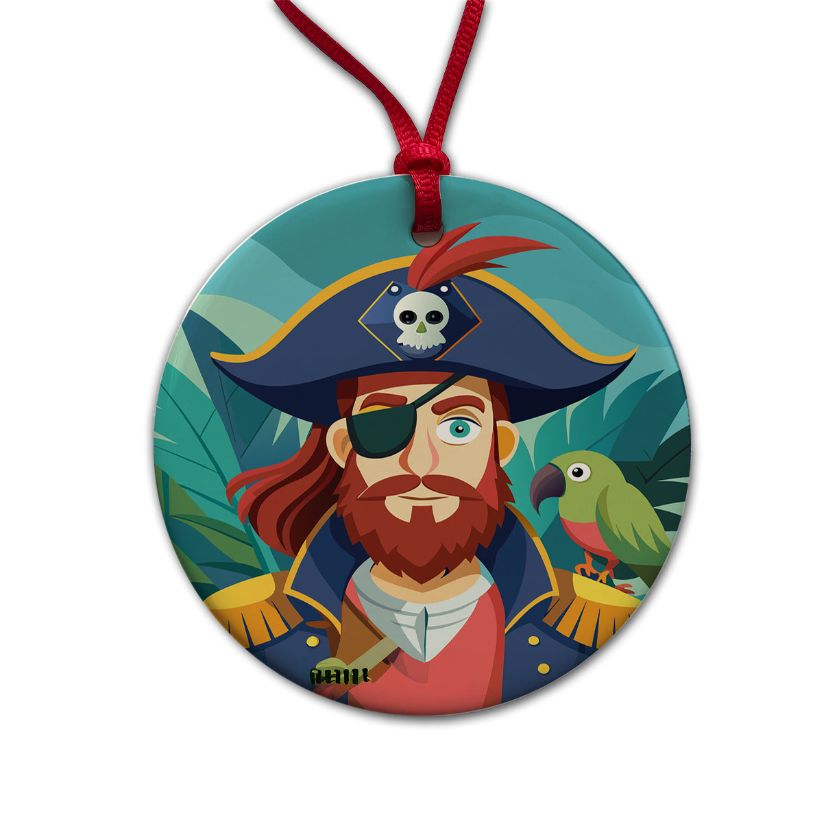 Pirate with Eye Patch and Parrot Round Ceramic Holiday Christmas Tree Ornament