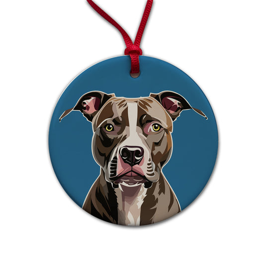 Pit Bull Dog Face Staring Round Ceramic Holiday Christmas Tree Ornament