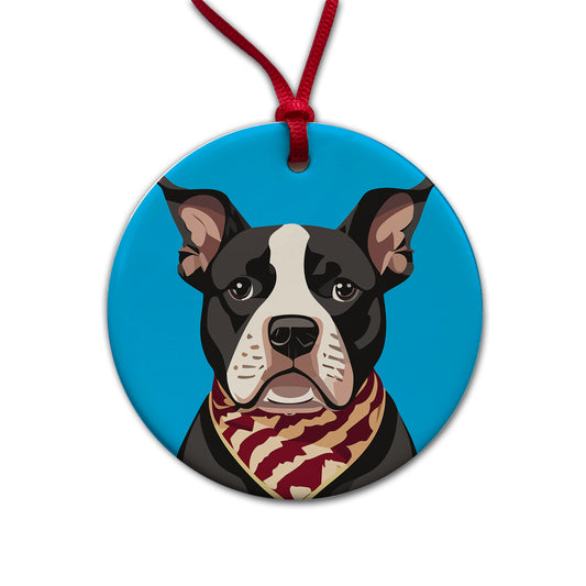 Pit Bull Dog Wearing Bandana Round Ceramic Holiday Christmas Tree Ornament