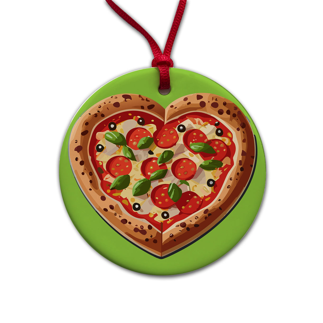 Pizza Heart Love Round Ceramic Holiday Christmas Tree Ornament