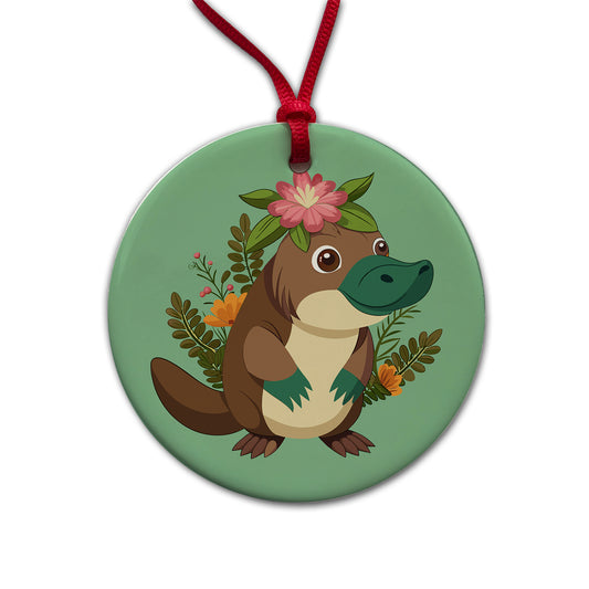 Platypus Floral Flowers Round Ceramic Holiday Christmas Tree Ornament