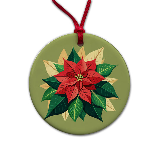 Poinsettia Plant Christmas Decoration Round Ceramic Holiday Christmas Tree Ornament