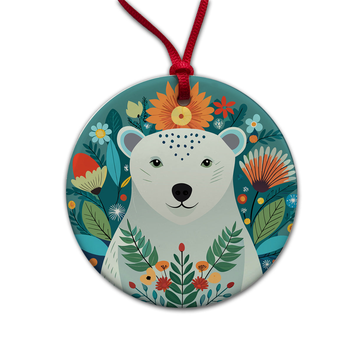 Polar Bear Floral Flowers Round Ceramic Holiday Christmas Tree Ornament