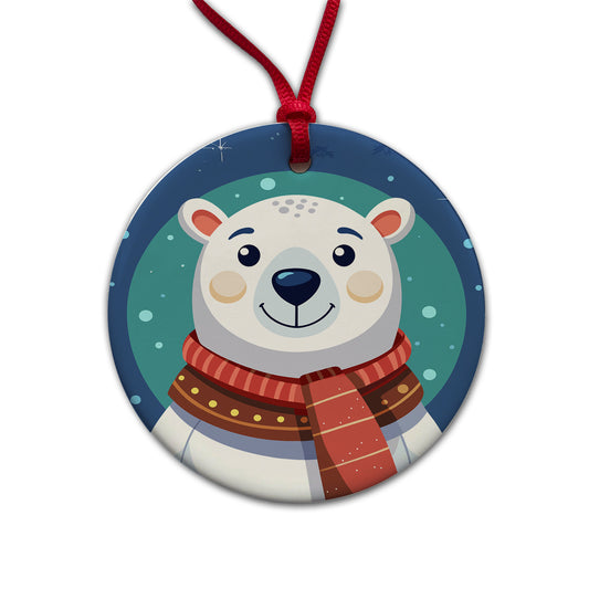 Polar Bear Wearing Winter Scarf Round Ceramic Holiday Christmas Tree Ornament