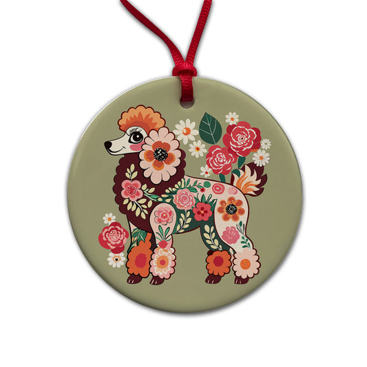 Poodle Dog Floral Motif Round Ceramic Holiday Christmas Tree Ornament