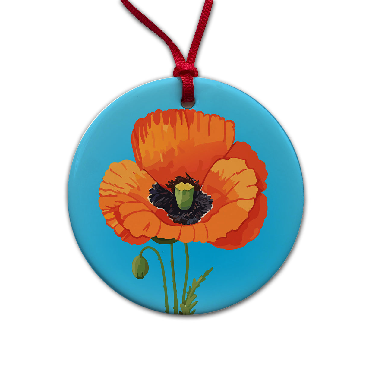 Poppy Flower Orange Round Ceramic Holiday Christmas Tree Ornament