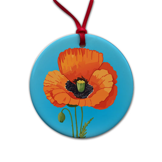 Poppy Flower Orange Round Ceramic Holiday Christmas Tree Ornament