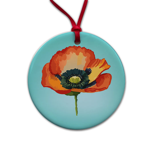Poppy Icelandic Orange Flower Watercolor Round Ceramic Holiday Christmas Tree Ornament