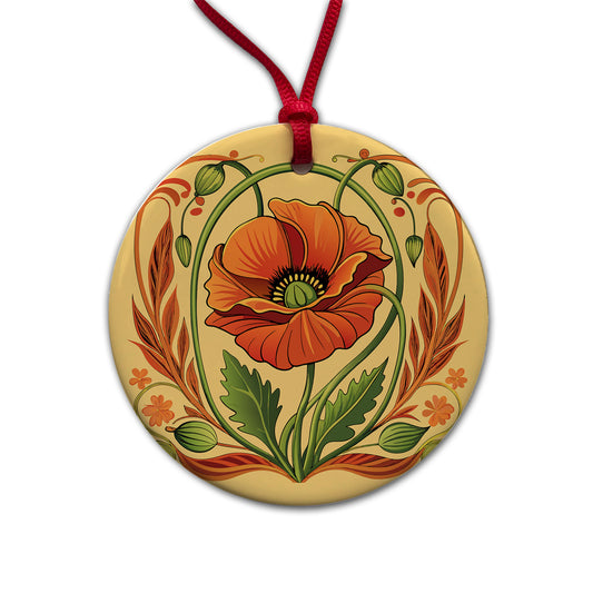 Poppy Poppies Floral Art Nouveau Flowers Elegant Round Ceramic Holiday Christmas Tree Ornament