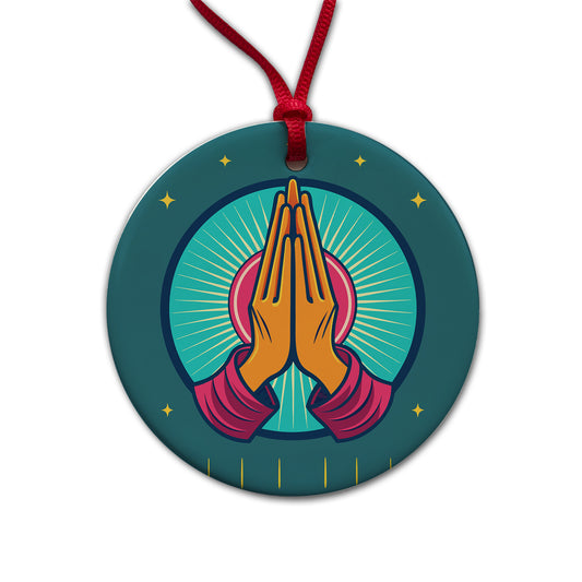 Prayer Praying Pleading Hands Christian Religion Round Ceramic Holiday Christmas Tree Ornament