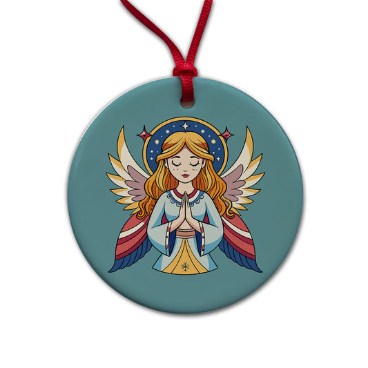Praying Angel Christian Inspirational Prayer Round Ceramic Holiday Christmas Tree Ornament
