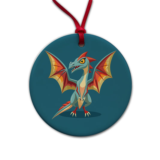 Pterodactyl Dinosaur Round Ceramic Holiday Christmas Tree Ornament