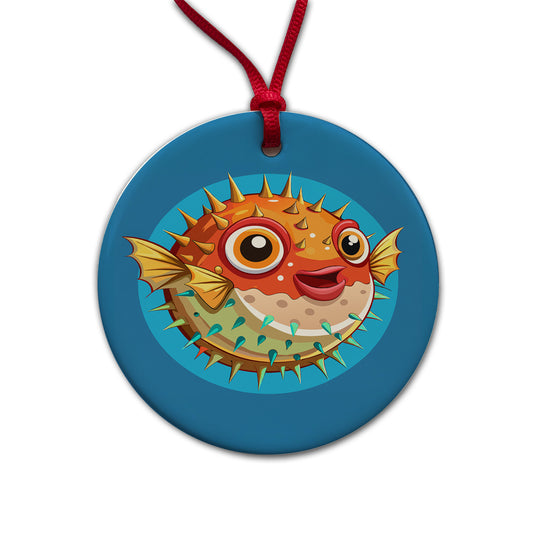 Pufferfish Cute Round Ceramic Holiday Christmas Tree Ornament