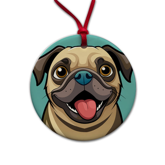 Pug Cute Sticking out Tongue Round Ceramic Holiday Christmas Tree Ornament