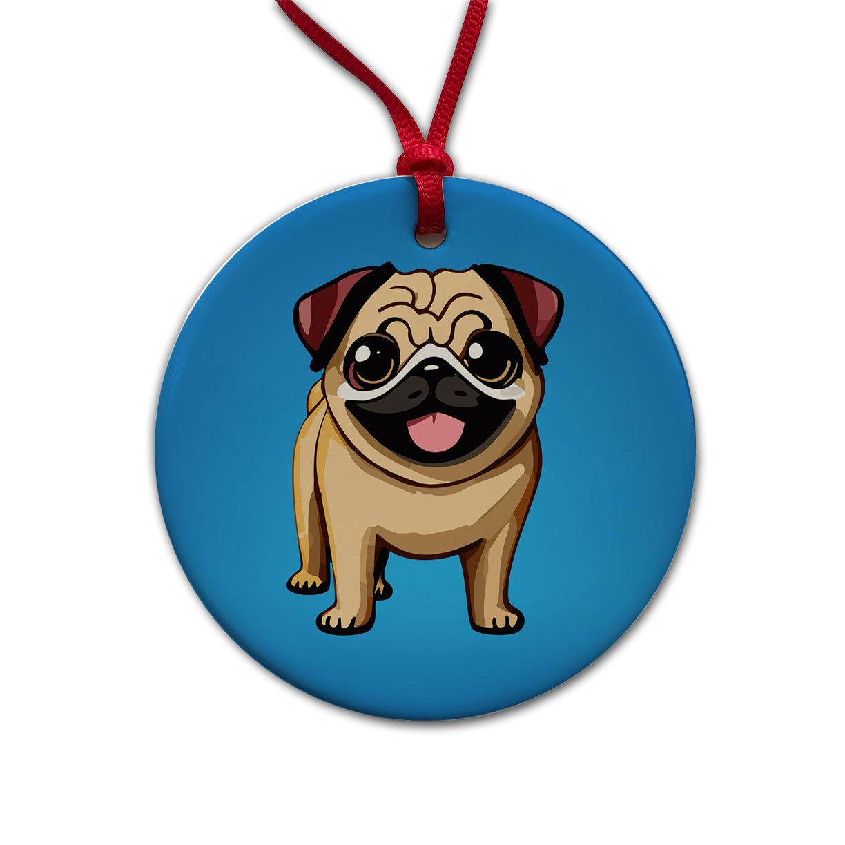 Pug Smiling Standing Round Ceramic Holiday Christmas Tree Ornament