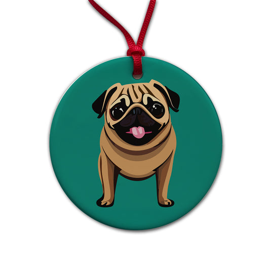 Pug Sticking Out Tongue Dog Round Ceramic Holiday Christmas Tree Ornament
