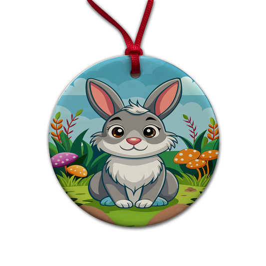 Rabbit Bunny Cute with Toadstools Mushrooms Round Ceramic Holiday Christmas Tree Ornament