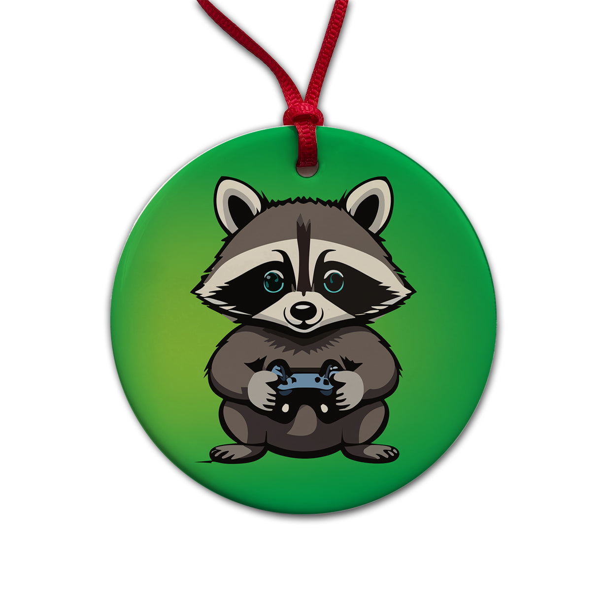 Raccoon Gamer Gaming Playing Game Round Ceramic Holiday Christmas Tree Ornament