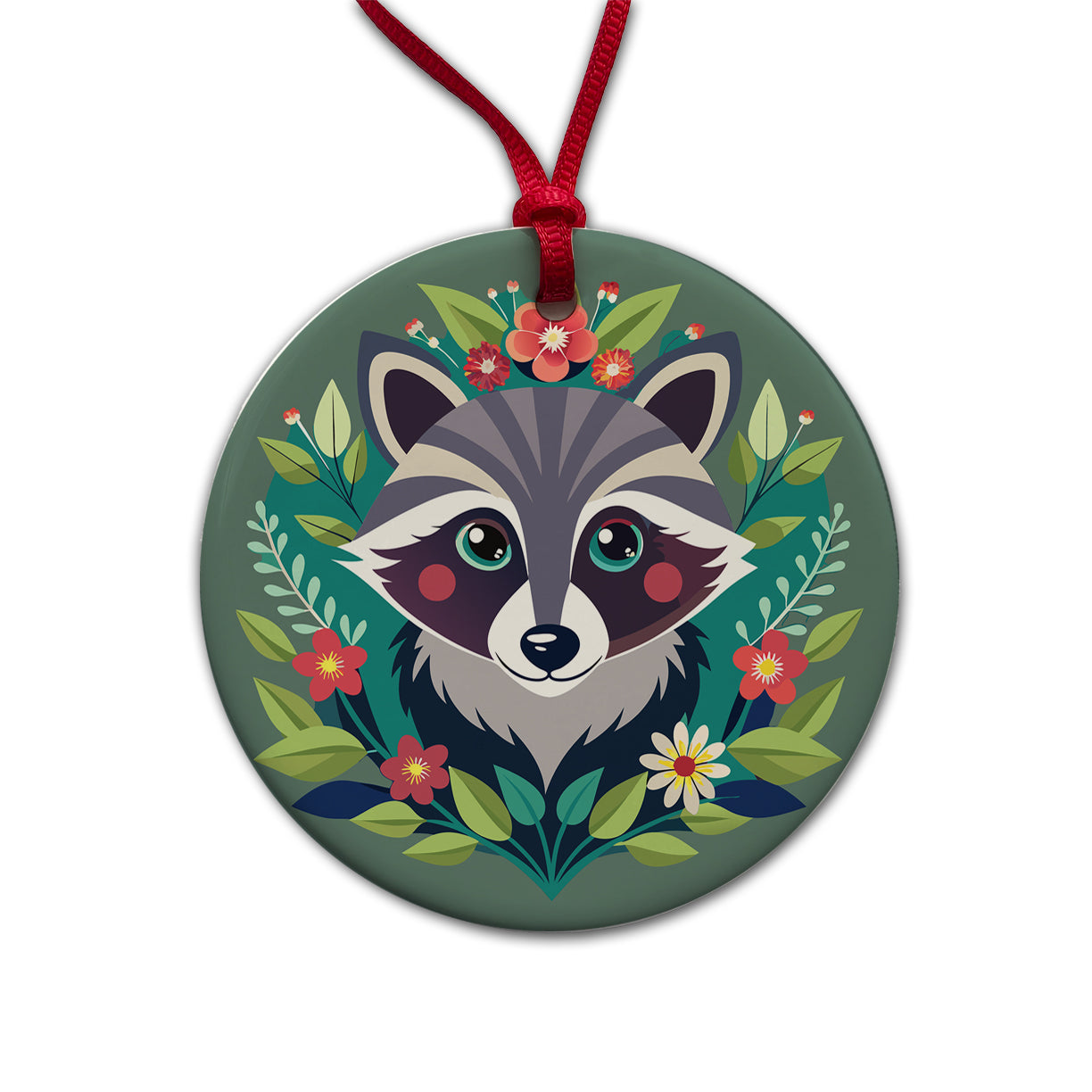 Raccoon in Floral Wreath Round Ceramic Holiday Christmas Tree Ornament
