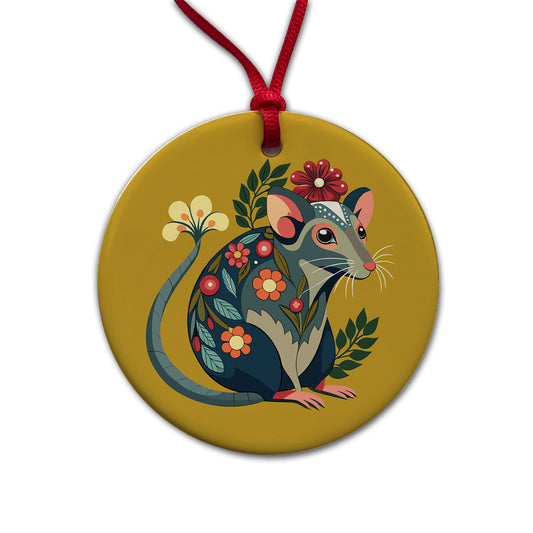 Rat Floral Flowers Round Ceramic Holiday Christmas Tree Ornament