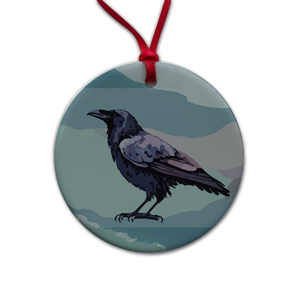 Raven Profile Bird Watercolor Round Ceramic Holiday Christmas Tree Ornament