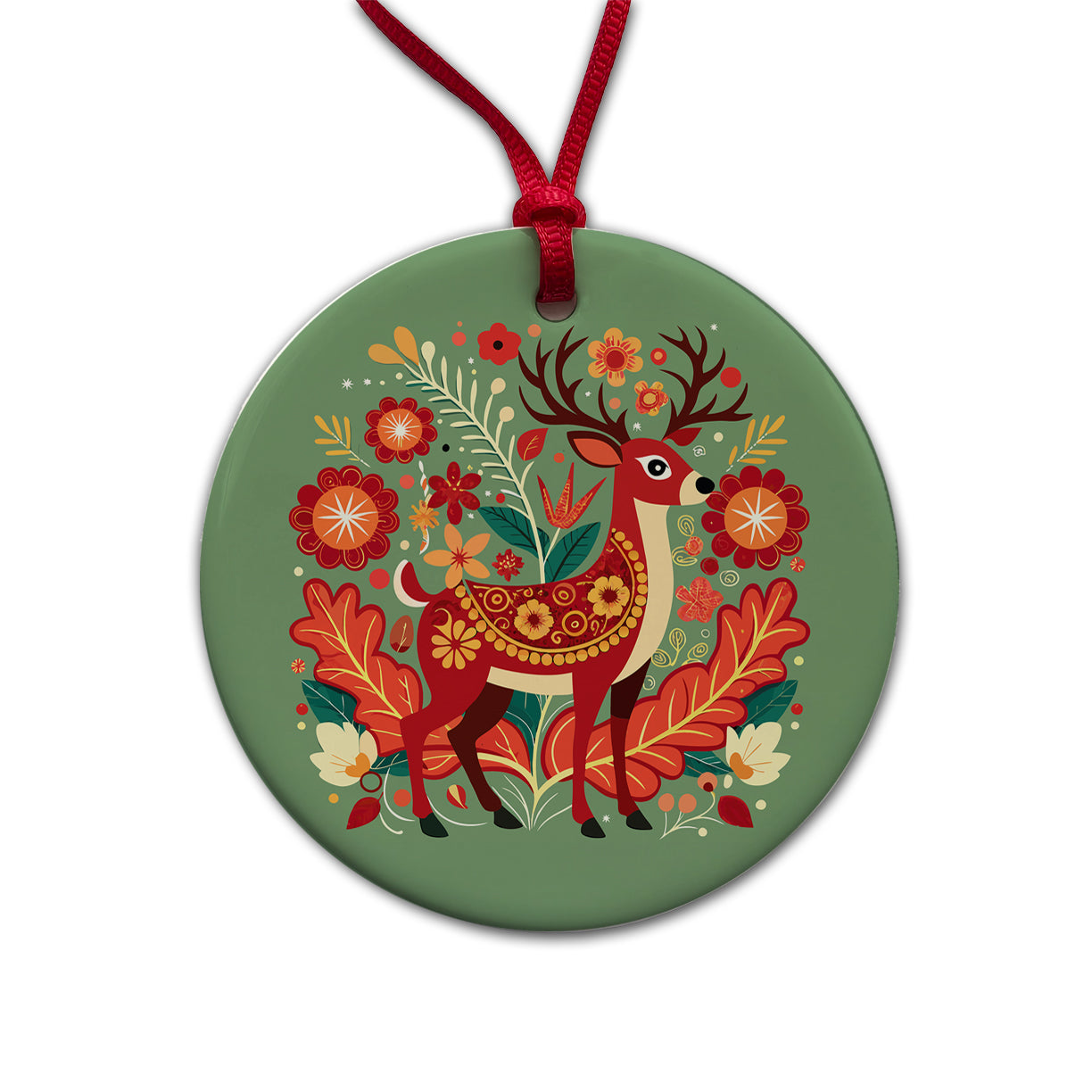Reindeer Floral Flowers Round Ceramic Holiday Christmas Tree Ornament