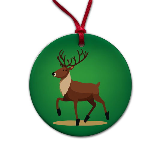 Reindeer Prancing Christmas Round Ceramic Holiday Christmas Tree Ornament