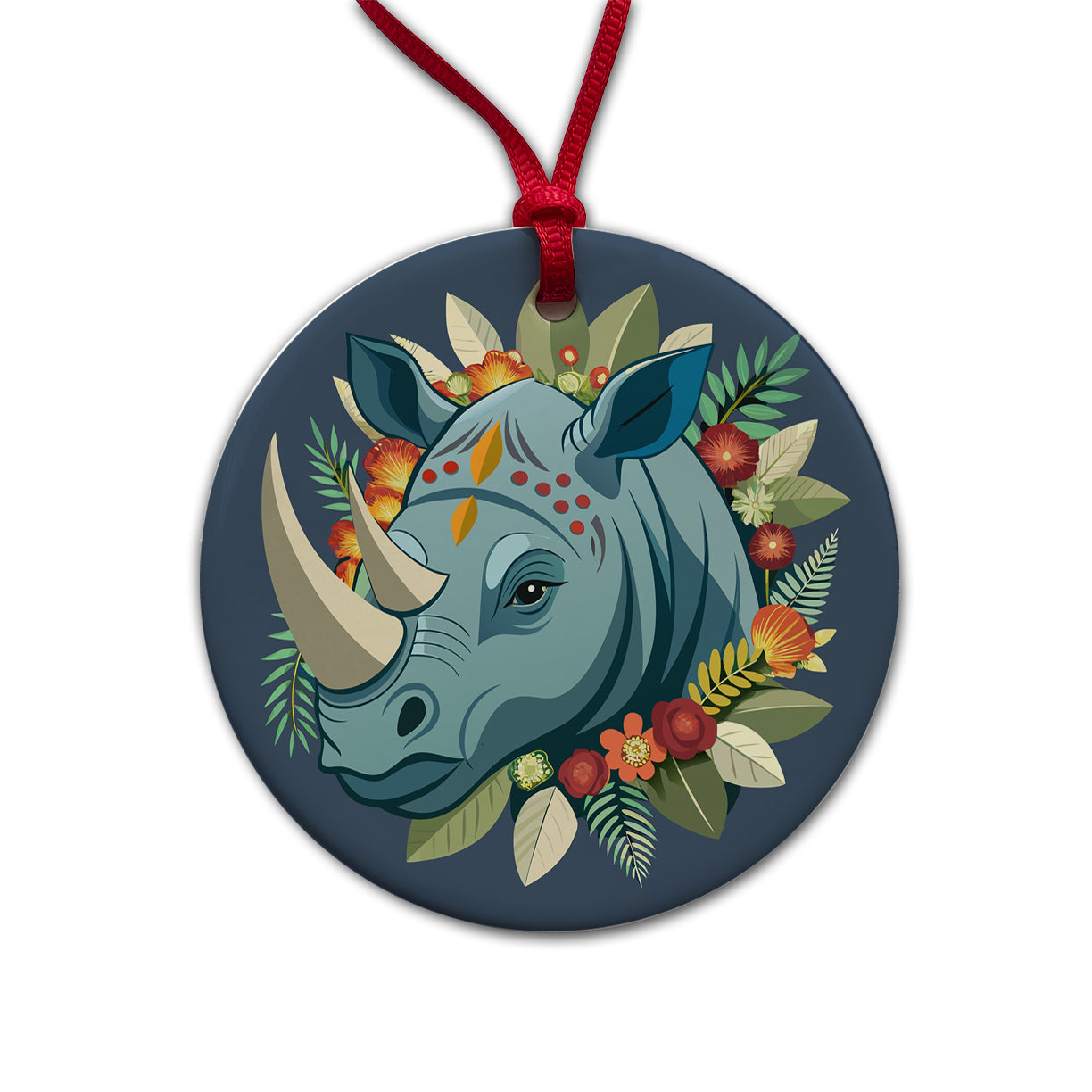 Rhinoceros Head Floral Flowers Round Ceramic Holiday Christmas Tree Ornament