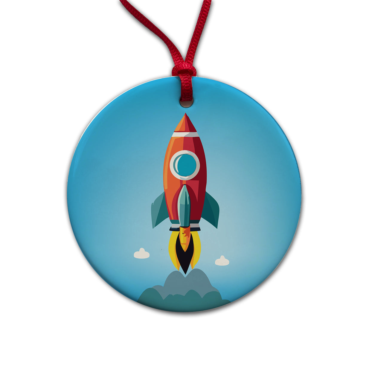 Rocket Ship Blasting Off Round Ceramic Holiday Christmas Tree Ornament