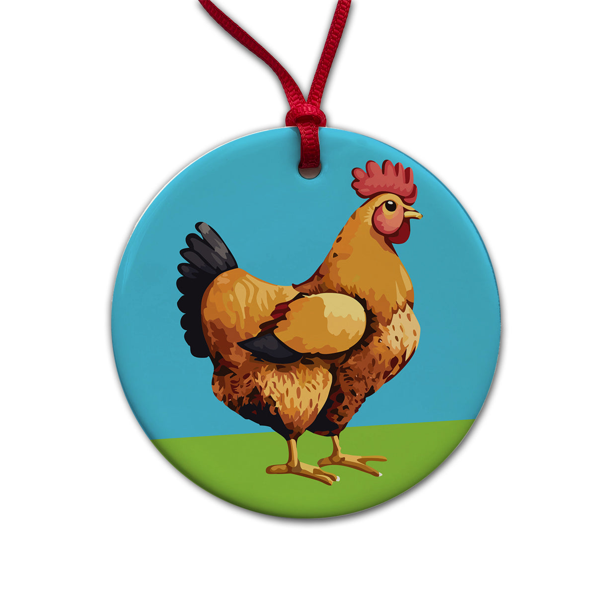 Rooster Chicken Profile Round Ceramic Holiday Christmas Tree Ornament