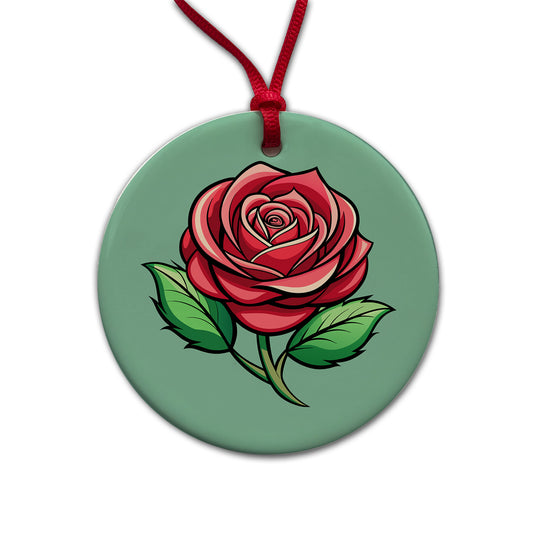 Rose Flower Bud Red Round Ceramic Holiday Christmas Tree Ornament
