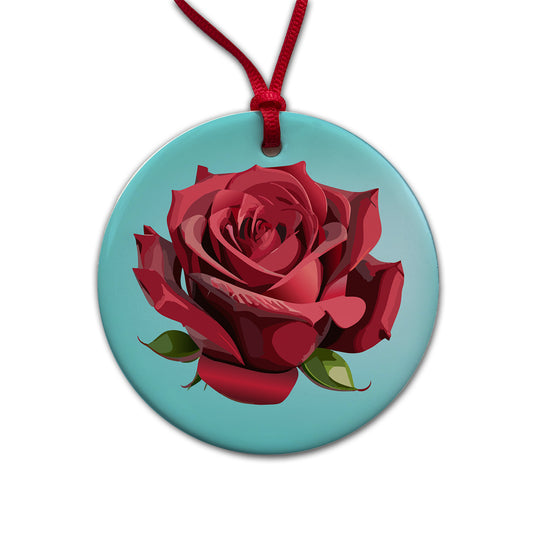 Rose Red Flower Round Ceramic Holiday Christmas Tree Ornament