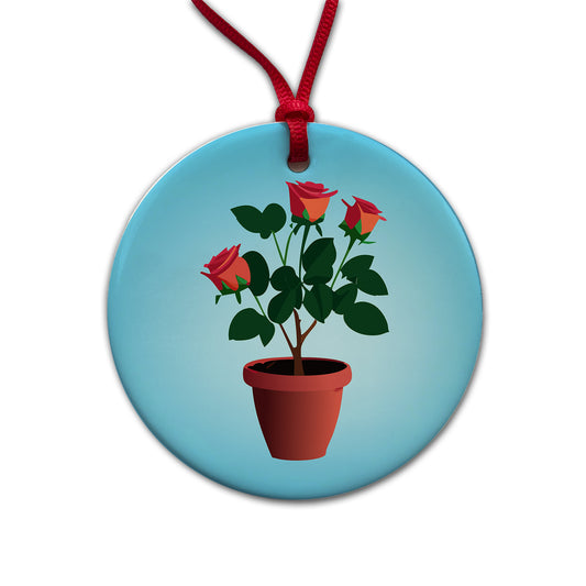 Rose Roses Bush in Pot Round Ceramic Holiday Christmas Tree Ornament