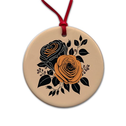 Roses Black Orange Fall Autumn Thanksgiving Halloween Motif Round Ceramic Holiday Christmas Tree Ornament