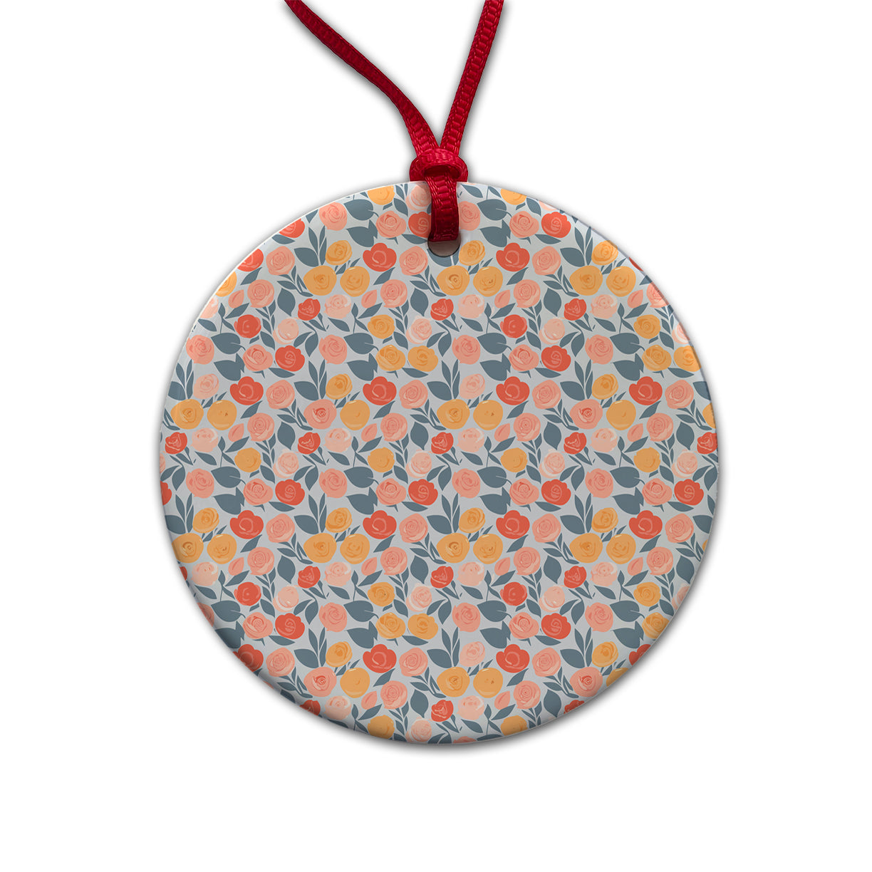 Roses Floral Flowers Muted Pattern Round Ceramic Holiday Christmas Tree Ornament