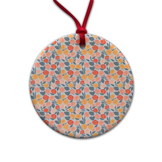 Roses Floral Flowers Muted Pattern Round Ceramic Holiday Christmas Tree Ornament