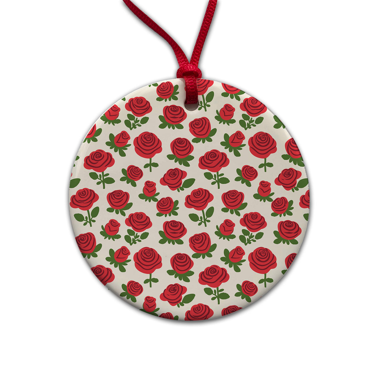 Roses Flowers Red Cute Pattern Round Ceramic Holiday Christmas Tree Ornament