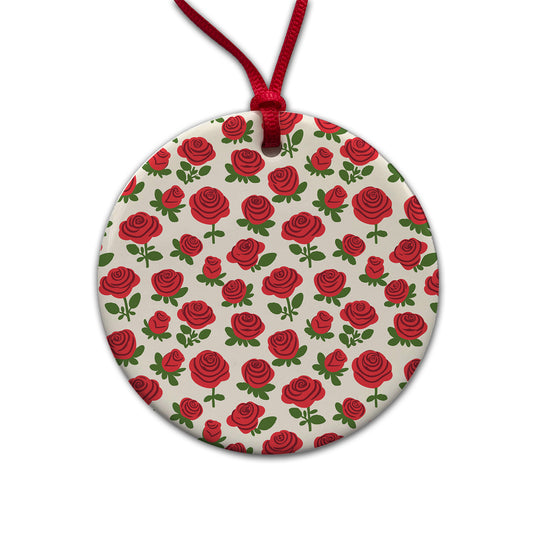 Roses Flowers Red Cute Pattern Round Ceramic Holiday Christmas Tree Ornament