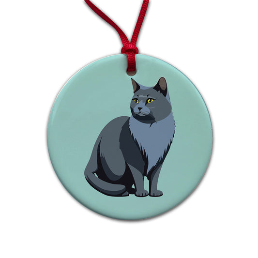 Russian Blue Cat Sitting Round Ceramic Holiday Christmas Tree Ornament