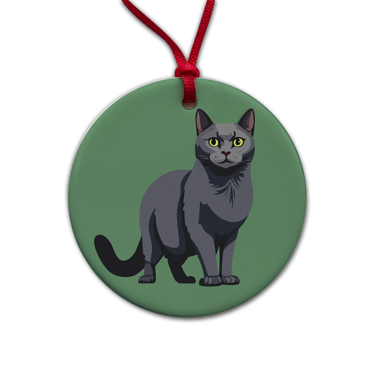 Russian Blue Cat Standing Round Ceramic Holiday Christmas Tree Ornament
